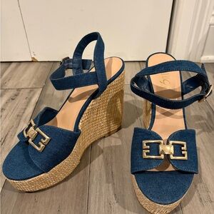 Rouge Helium Women's Navy Blue Wedge Sandals with Gold Accent